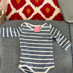 Like new- Bisby blue & white scalloped onesie